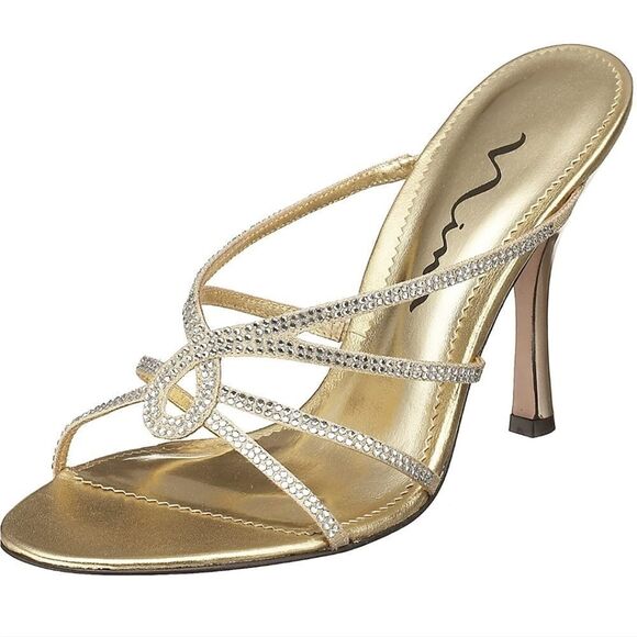 Nina Gold Rhinestone Metallic Slip On Sparkly Heels - Picture 1 of 11
